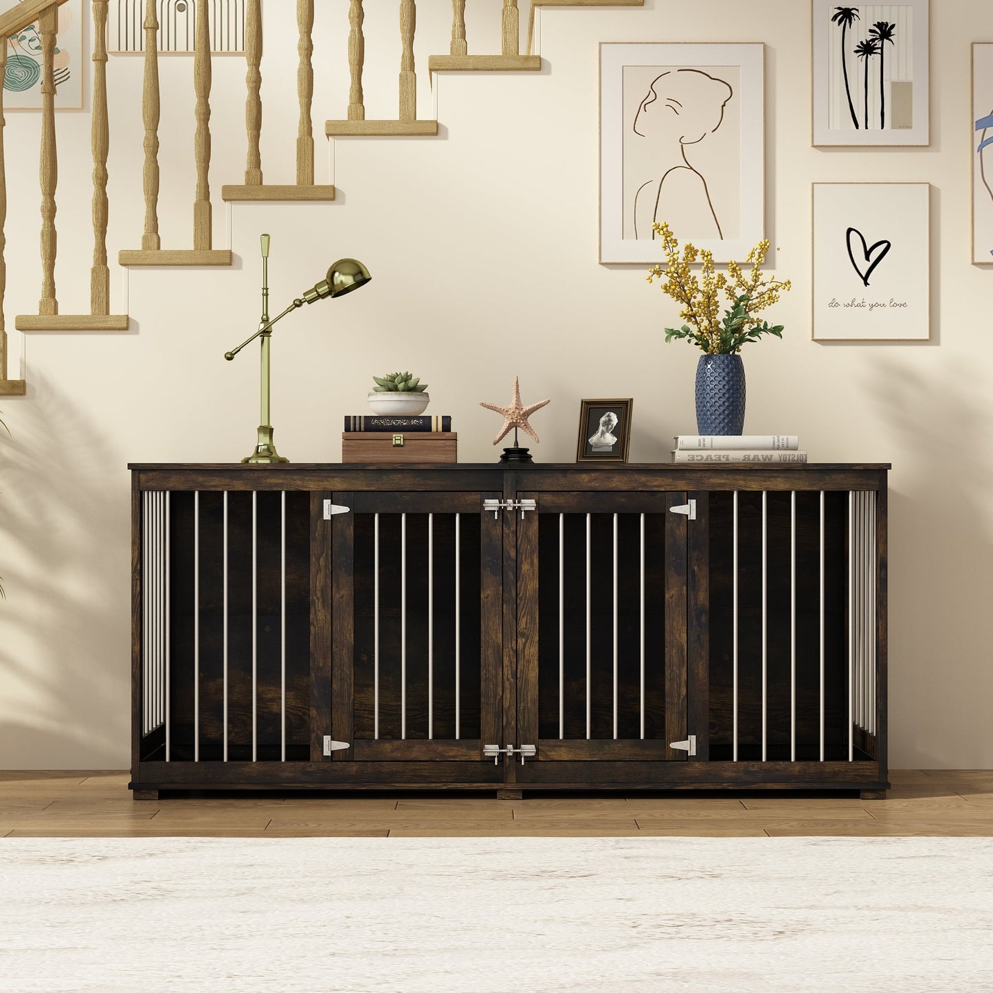 Cage pour animaux de compagnie à double porte de grande taille avec structure renforcée en acier