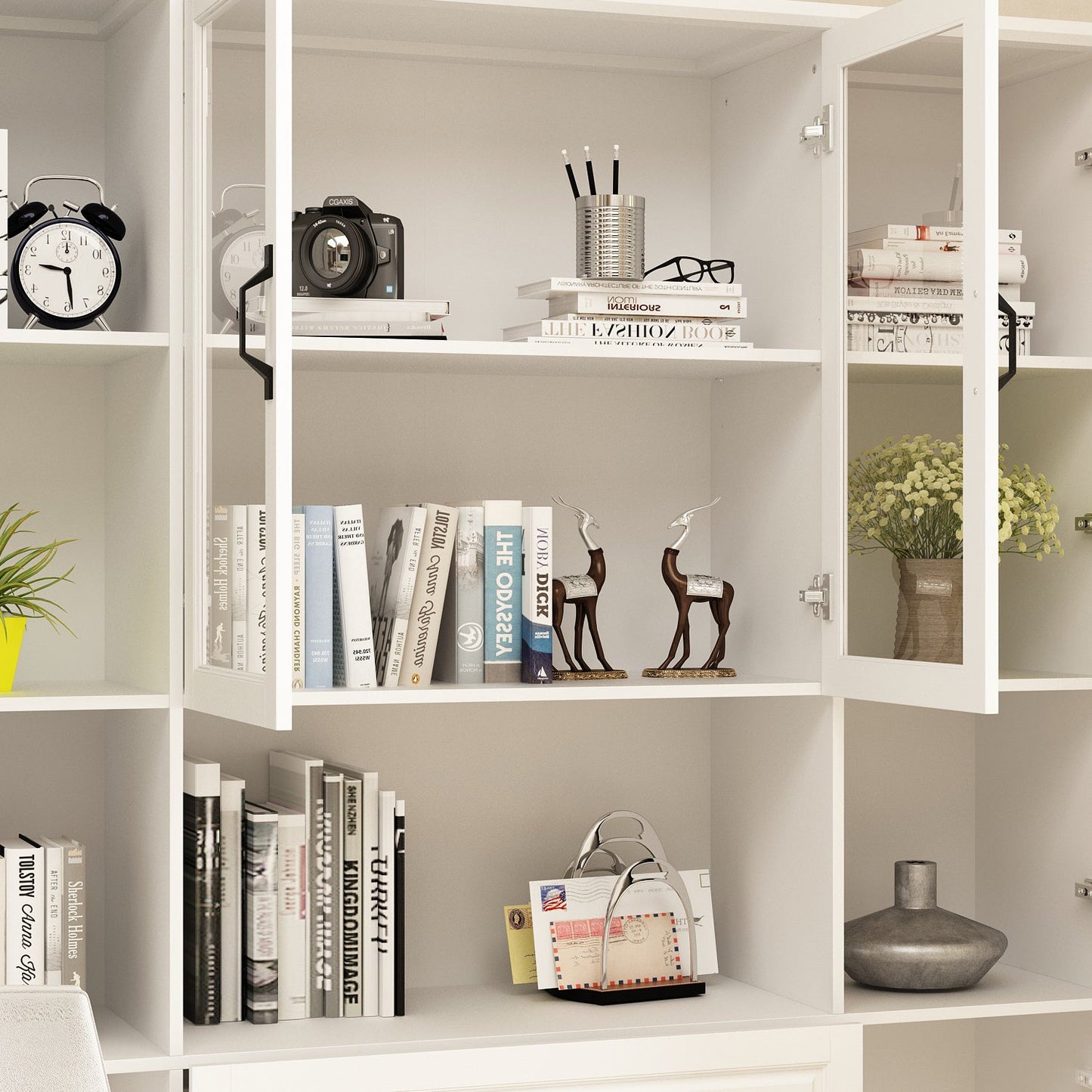Grande vitrine d'angle avec étagère de rangement et bibliothèque combinées