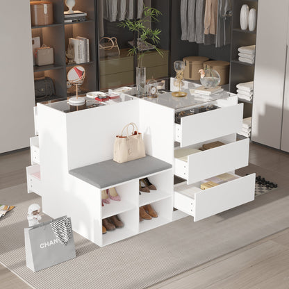 Commode à 9 tiroirs et 4 étagères avec plateau et banquette confortable