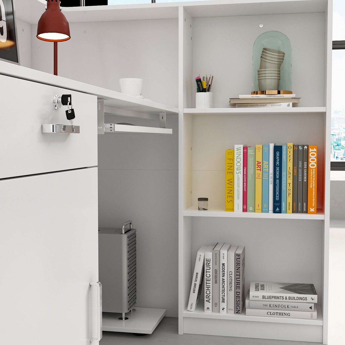 Bureau d'accueil avec comptoir, tiroir verrouillable et étagère