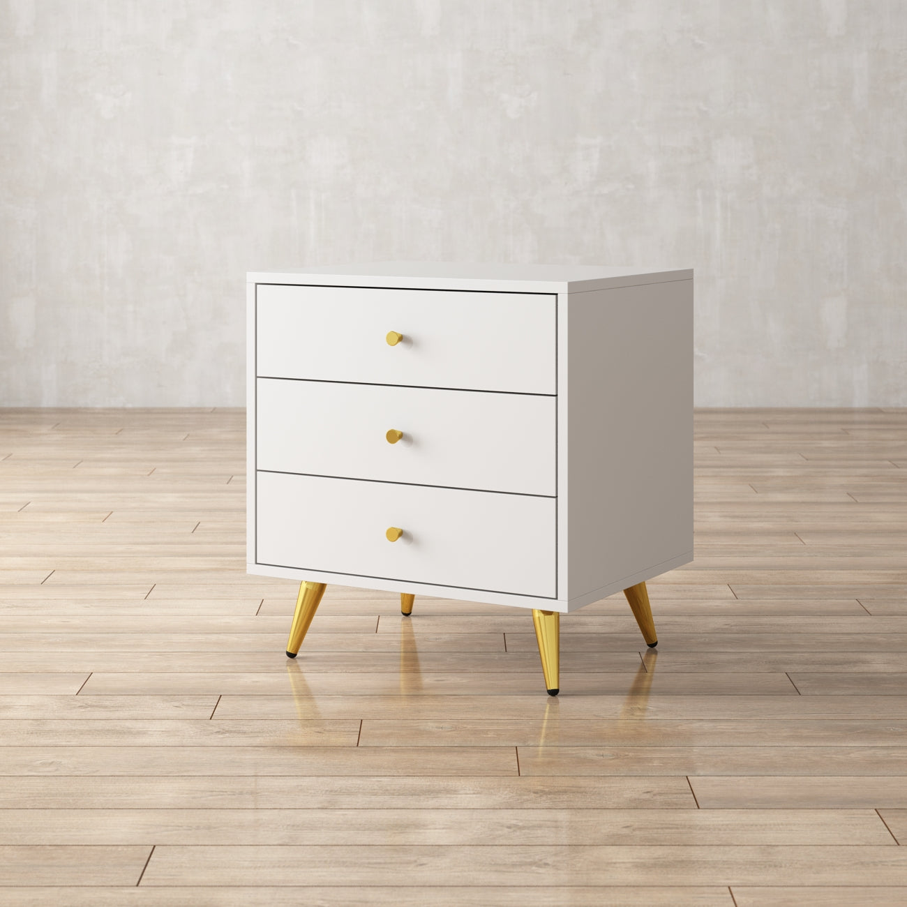 Table de chevet à 3 tiroirs avec pieds plaqués or pour petits espaces 