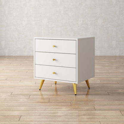 Table de chevet à 3 tiroirs avec pieds plaqués or pour petits espaces 