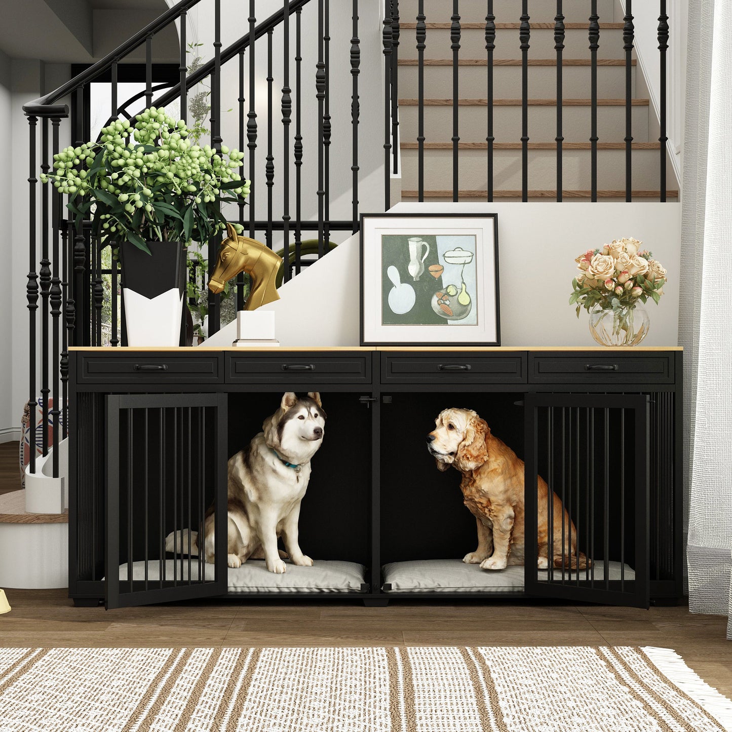 Meuble pour grande cage de chien avec séparateurs et 4 tiroirs