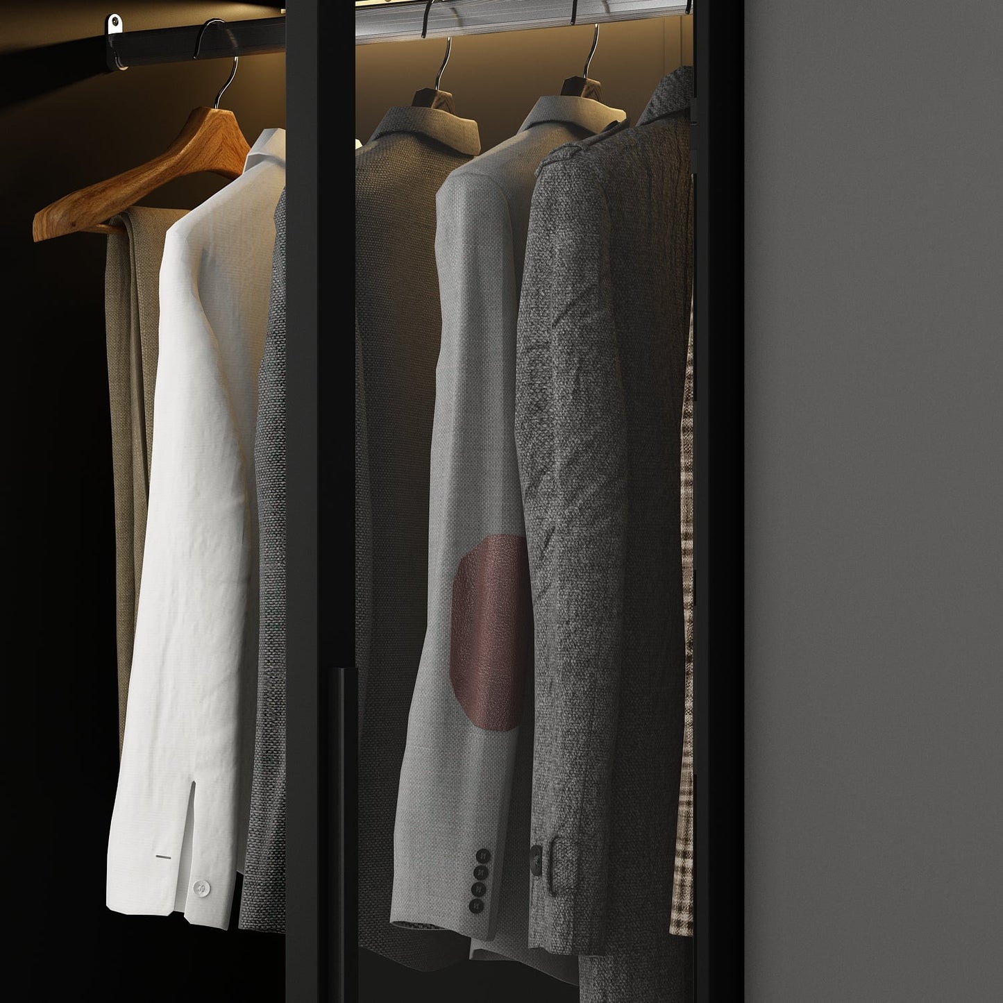 Grande armoire de chambre à coucher avec rangement pour vêtements, éclairage LED et portes vitrées
