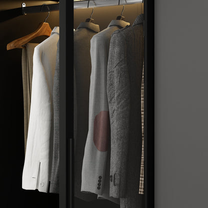 Grande armoire de chambre à coucher avec rangement pour vêtements, éclairage LED et portes vitrées