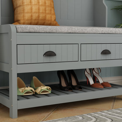 Meuble d'entrée moderne 4 en 1 avec banc de rangement, porte-manteau, étagères et tiroirs pour entrée ou salon