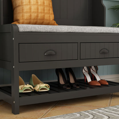 Meuble d'entrée moderne 4 en 1 avec banc de rangement, porte-manteau, étagères et tiroirs pour entrée ou salon