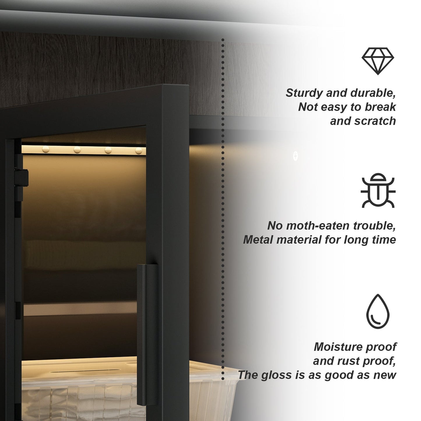 Grande armoire de chambre à coucher avec rangement pour vêtements, éclairage LED et portes vitrées