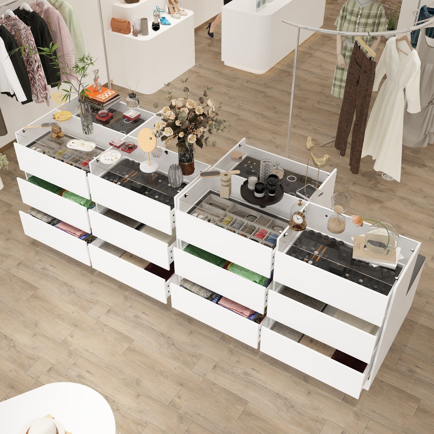 Commode à 9 tiroirs et 4 étagères avec plateau et banquette confortable