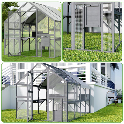 Grand enclos extérieur en bois pour chats, comprenant des niches, des ponts et des allées.