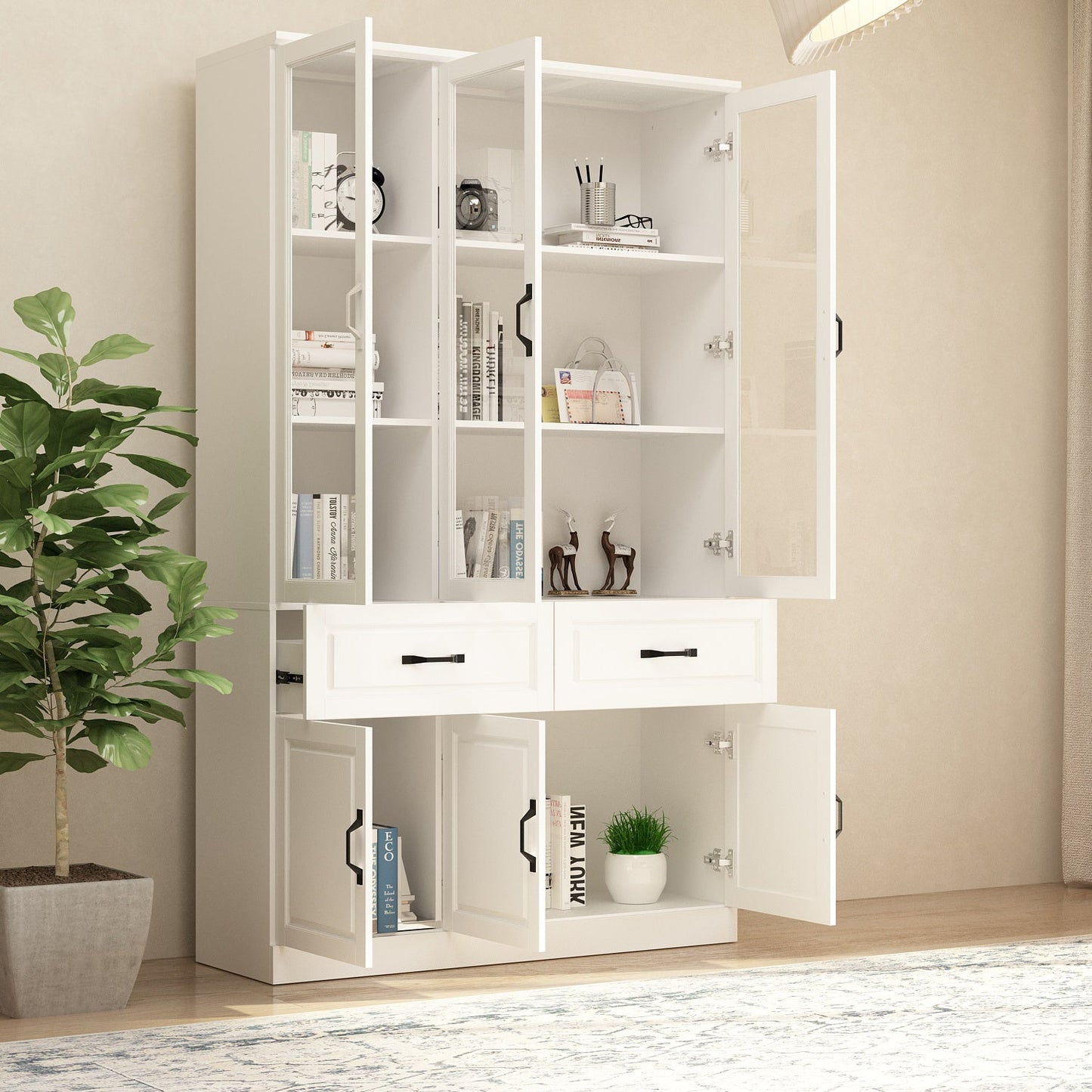 Grande vitrine d'angle avec étagère de rangement et bibliothèque combinées