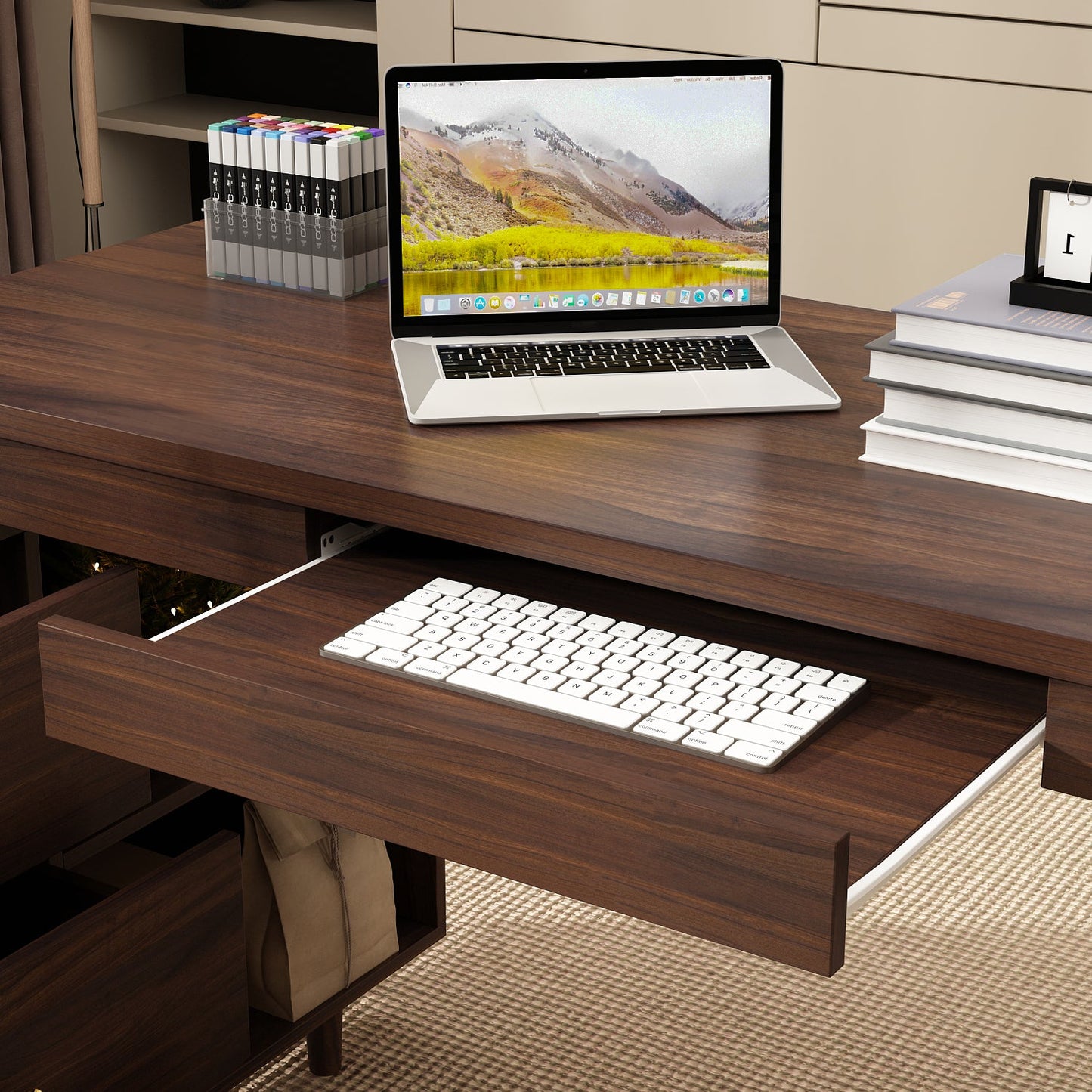 Bureau d'ordinateur en forme de L pour bureau à domicile, bureau moderne avec 3 tiroirs et pieds en bois