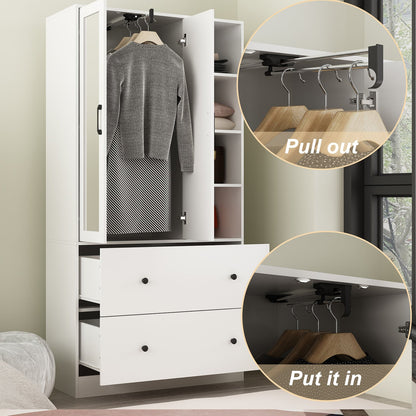Armoire de rangement à 2 portes, 2 tiroirs et 1 miroir pour chambre à coucher