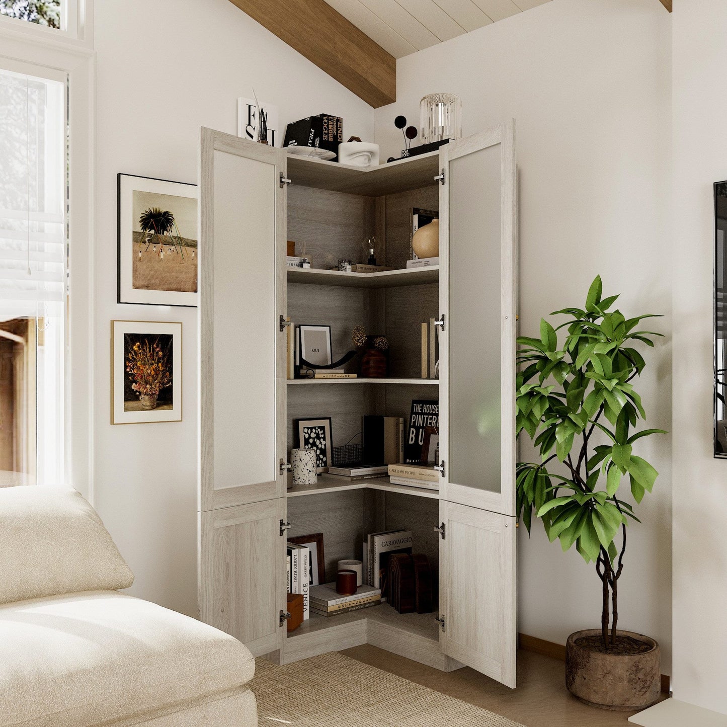 Bibliothèque modulaire à 4 tiroirs avec portes en verre dépoli, 71 po H x 126 po L