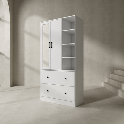 Armoire de rangement à 2 portes, 2 tiroirs et 1 miroir pour chambre à coucher