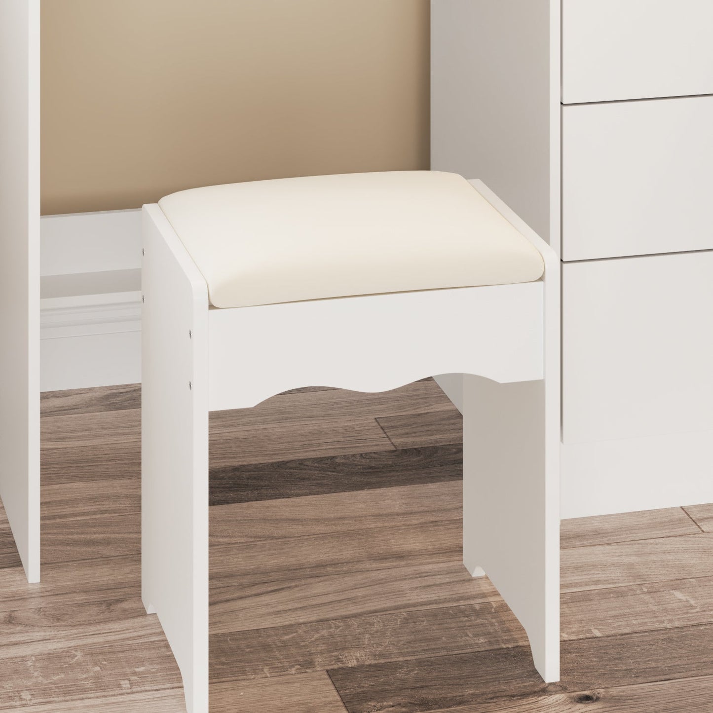 Ensemble coiffeuse avec miroir coulissant éclairé, tabouret rembourré, 5 tiroirs et étagères