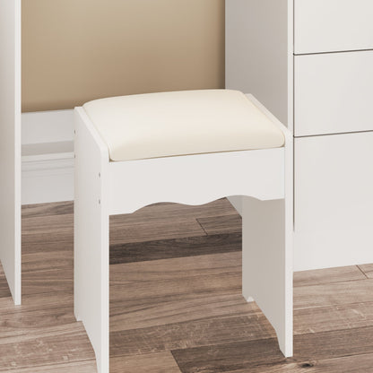 Ensemble coiffeuse avec miroir coulissant éclairé, tabouret rembourré, 5 tiroirs et étagères