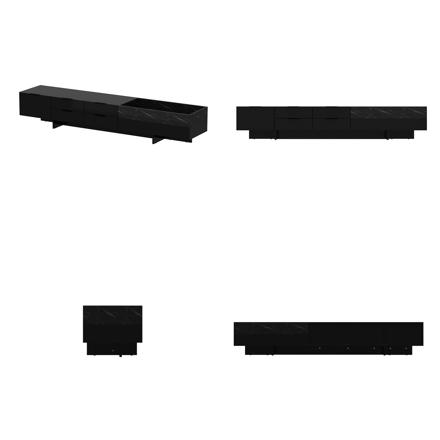 Meuble TV/centre multimédia de 200 cm de large avec 5 tiroirs, finition brillante et design effet pierre, et rangement intégré.
