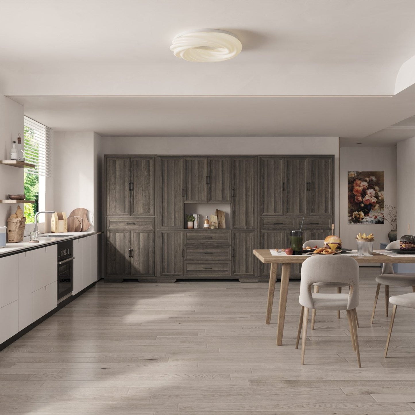 Meuble de rangement modulaire élégant : design épuré et combinaison de compartiments ouverts et fermés.