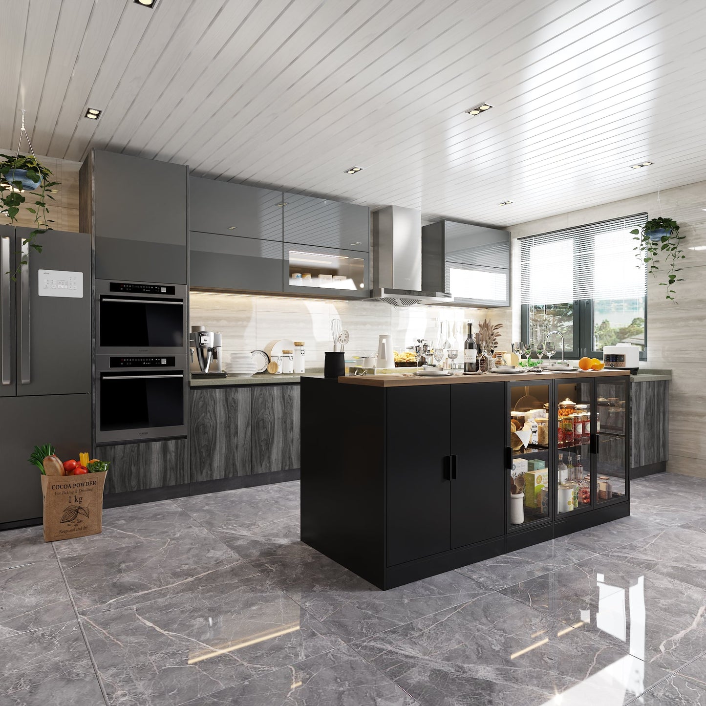 Îlot de cuisine 77,6 po avec porte vitrée, 3 tiroirs, éclairage double face