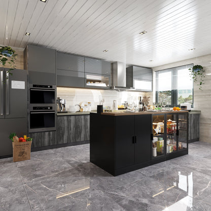 Îlot de cuisine 77,6 po avec porte vitrée, 3 tiroirs, éclairage double face