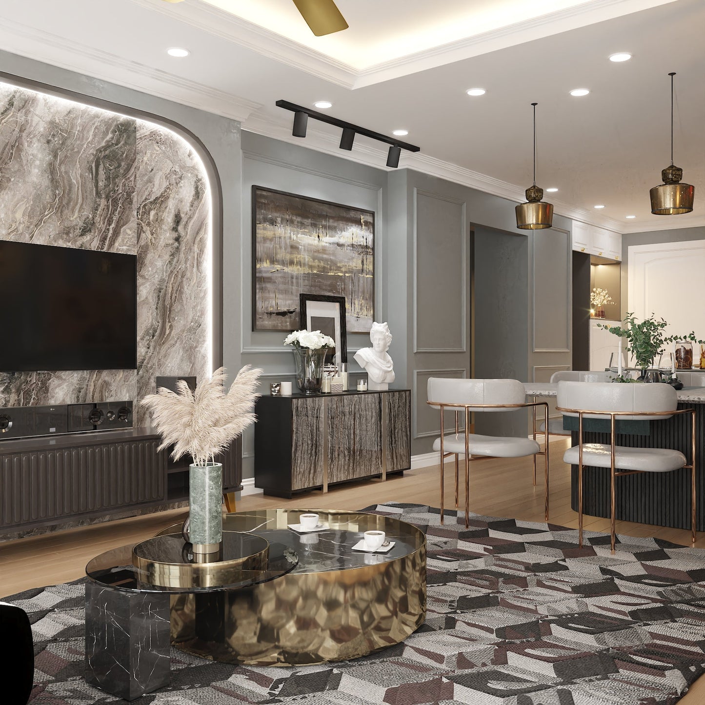 Meuble de rangement d'appoint noir à ouverture par pression avec portes en verre à motif pierre pour salon et entrée