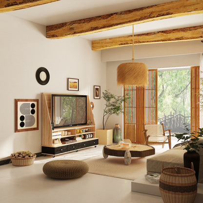 Meuble TV/console multimédia de 70 pouces de large à 4 tiroirs avec support TV et 6 roues