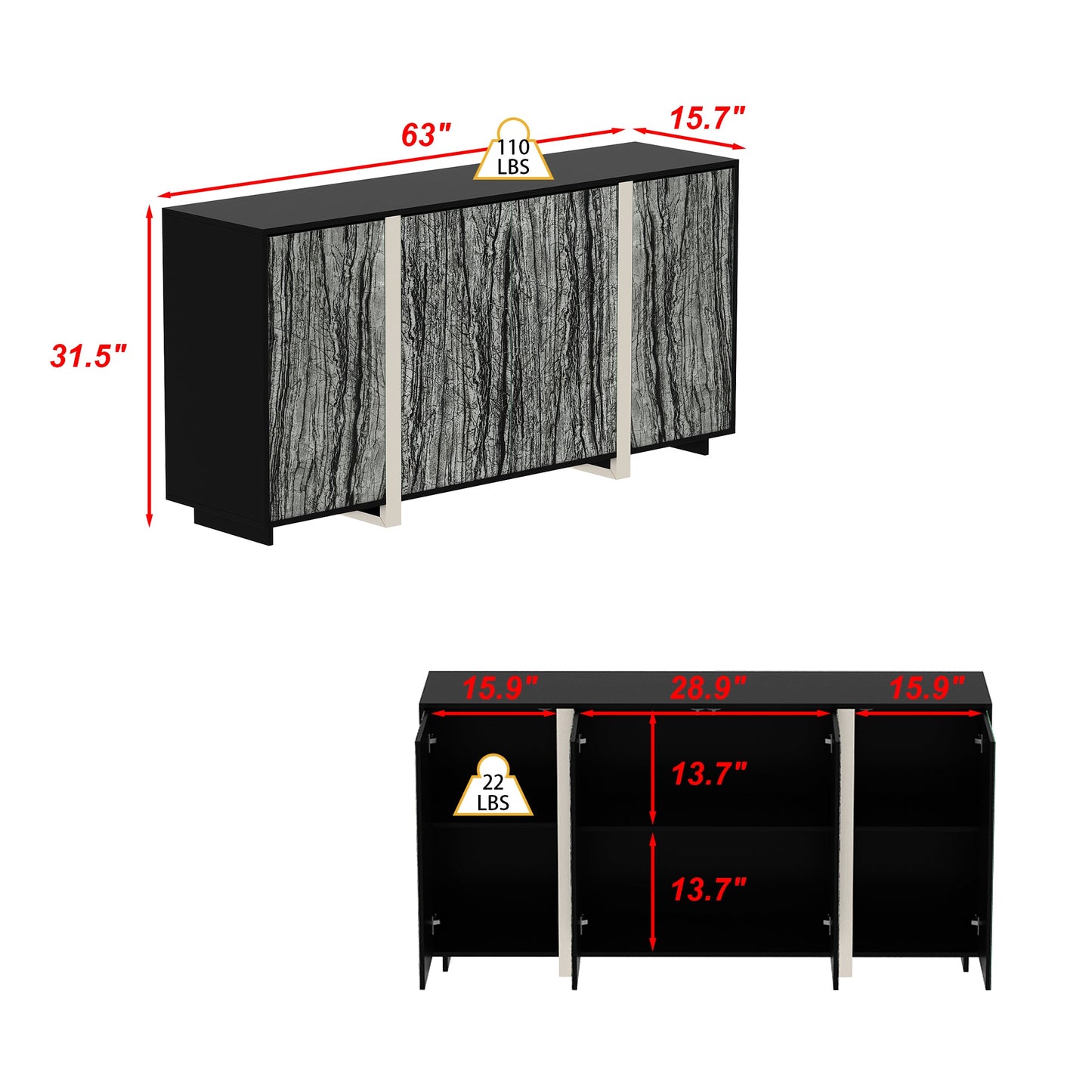 Meuble de rangement d'appoint noir à ouverture par pression avec portes en verre à motif pierre pour salon et entrée
