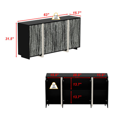 Meuble de rangement d'appoint noir à ouverture par pression avec portes en verre à motif pierre pour salon et entrée