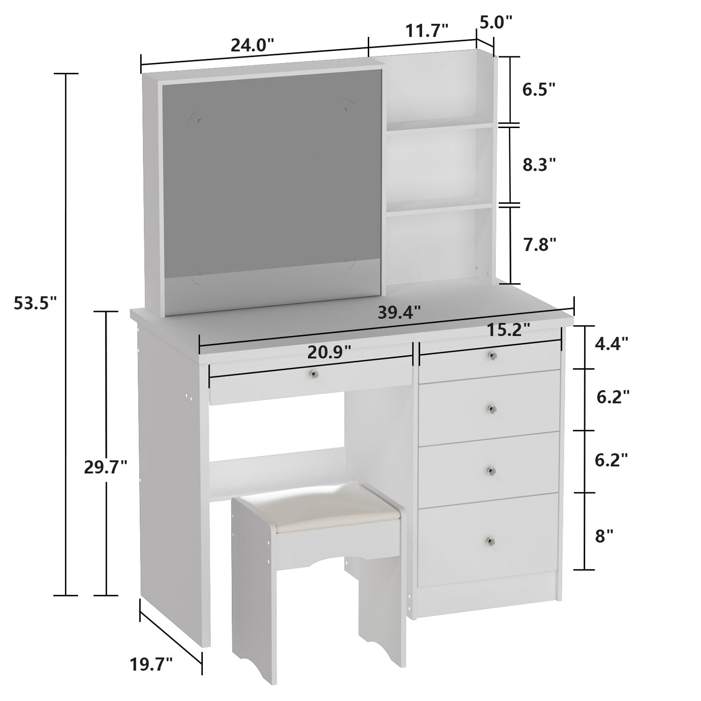 Ensemble coiffeuse avec miroir coulissant éclairé, tabouret rembourré, 5 tiroirs et étagères