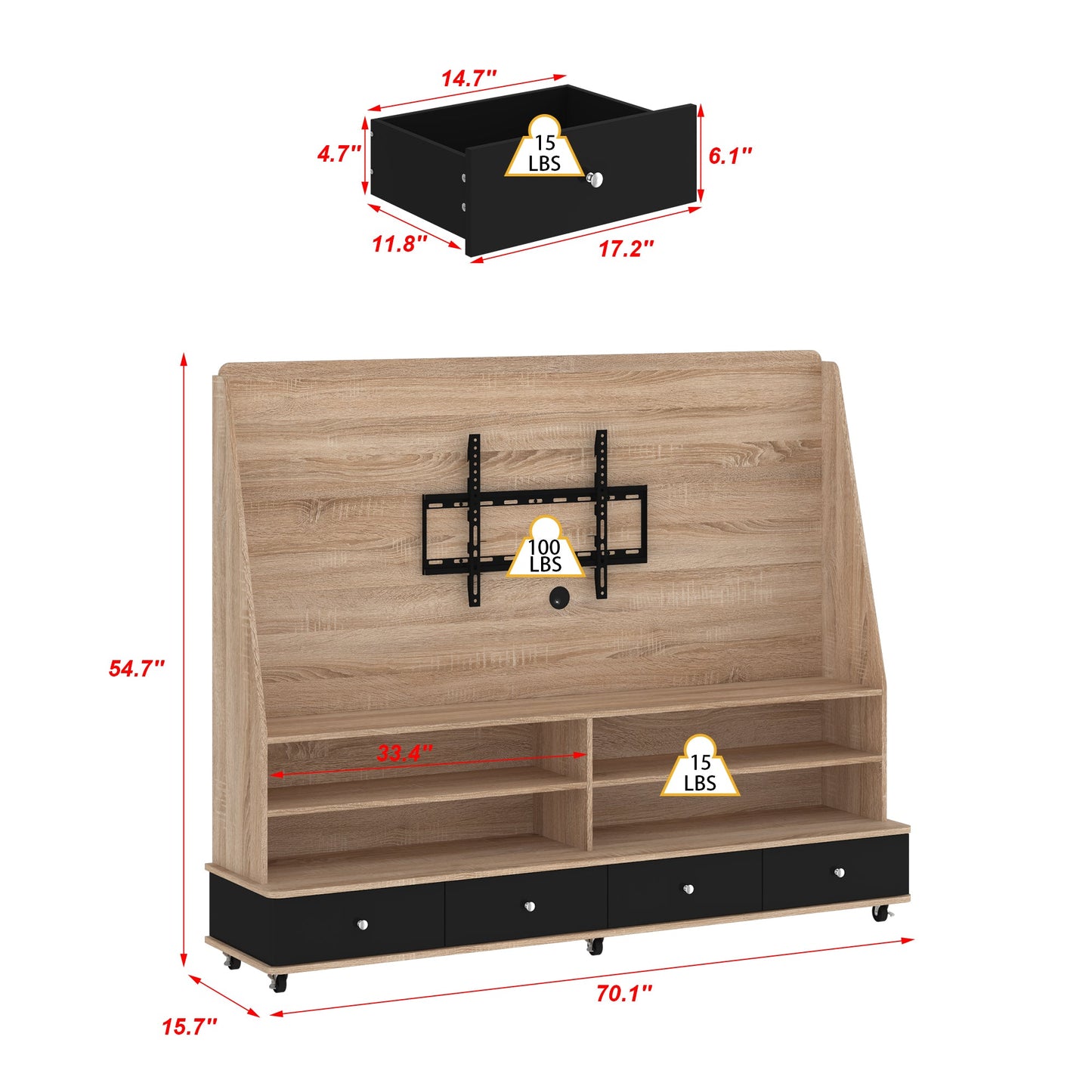 Meuble TV/console multimédia de 70 pouces de large à 4 tiroirs avec support TV et 6 roues