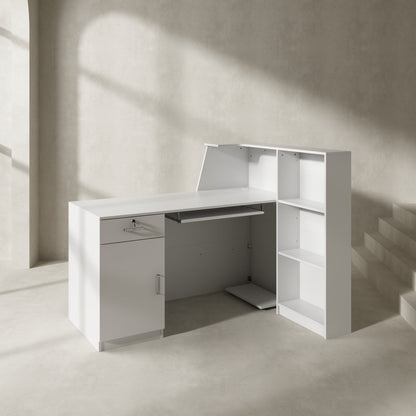 Bureau d'accueil avec comptoir, tiroir verrouillable et étagère