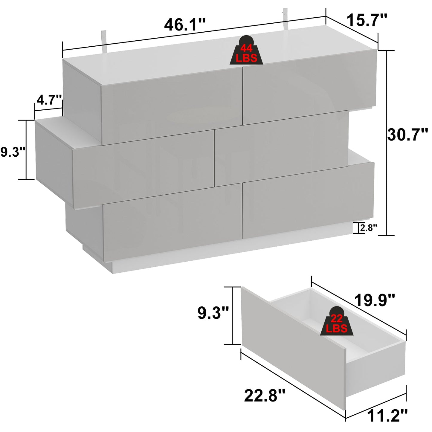 Commode double laquée brillante, buffet à 6 tiroirs pour salon