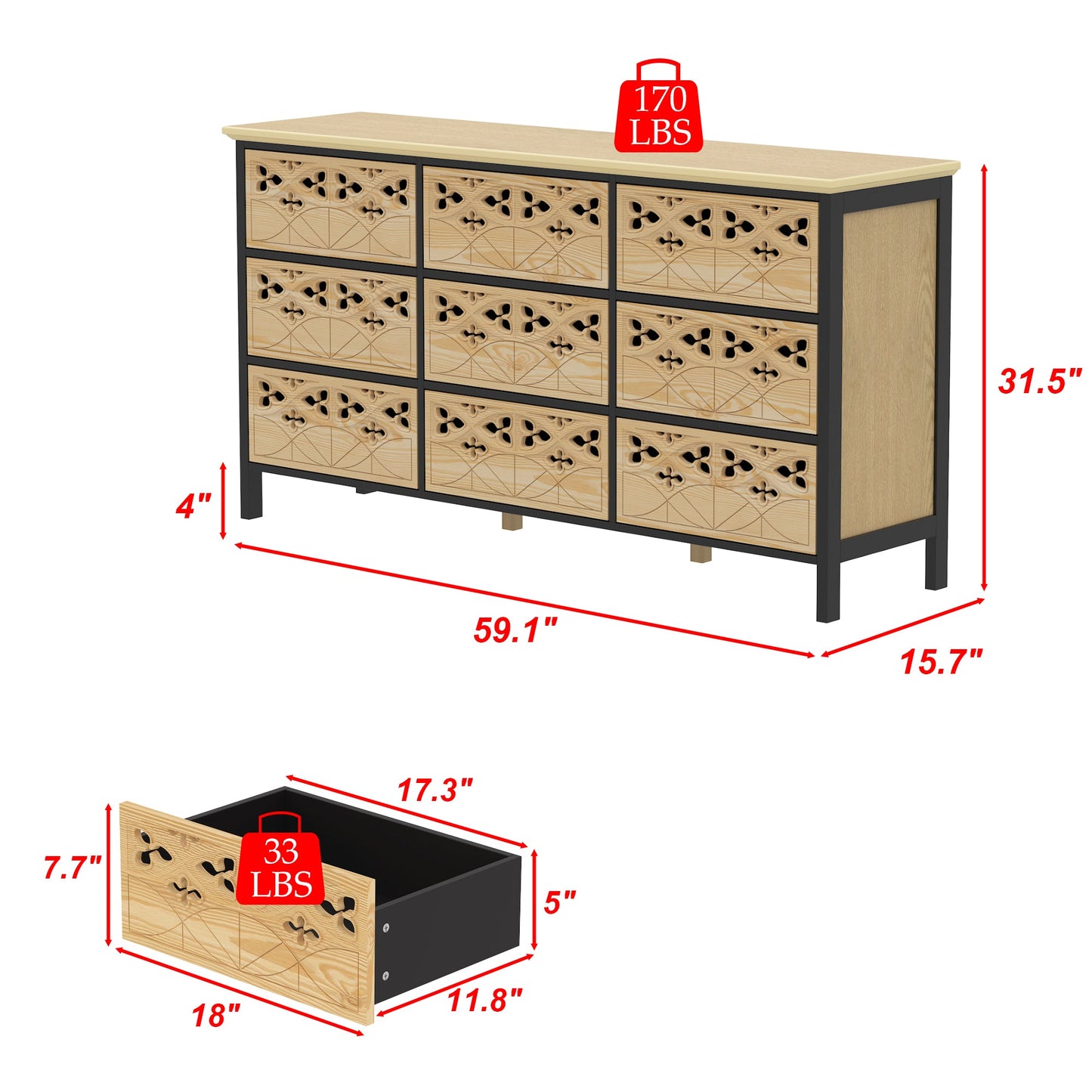 Commode à neuf tiroirs sculptée et ajourée d'une finesse exquise. L'élégance alliée à la fonctionnalité.