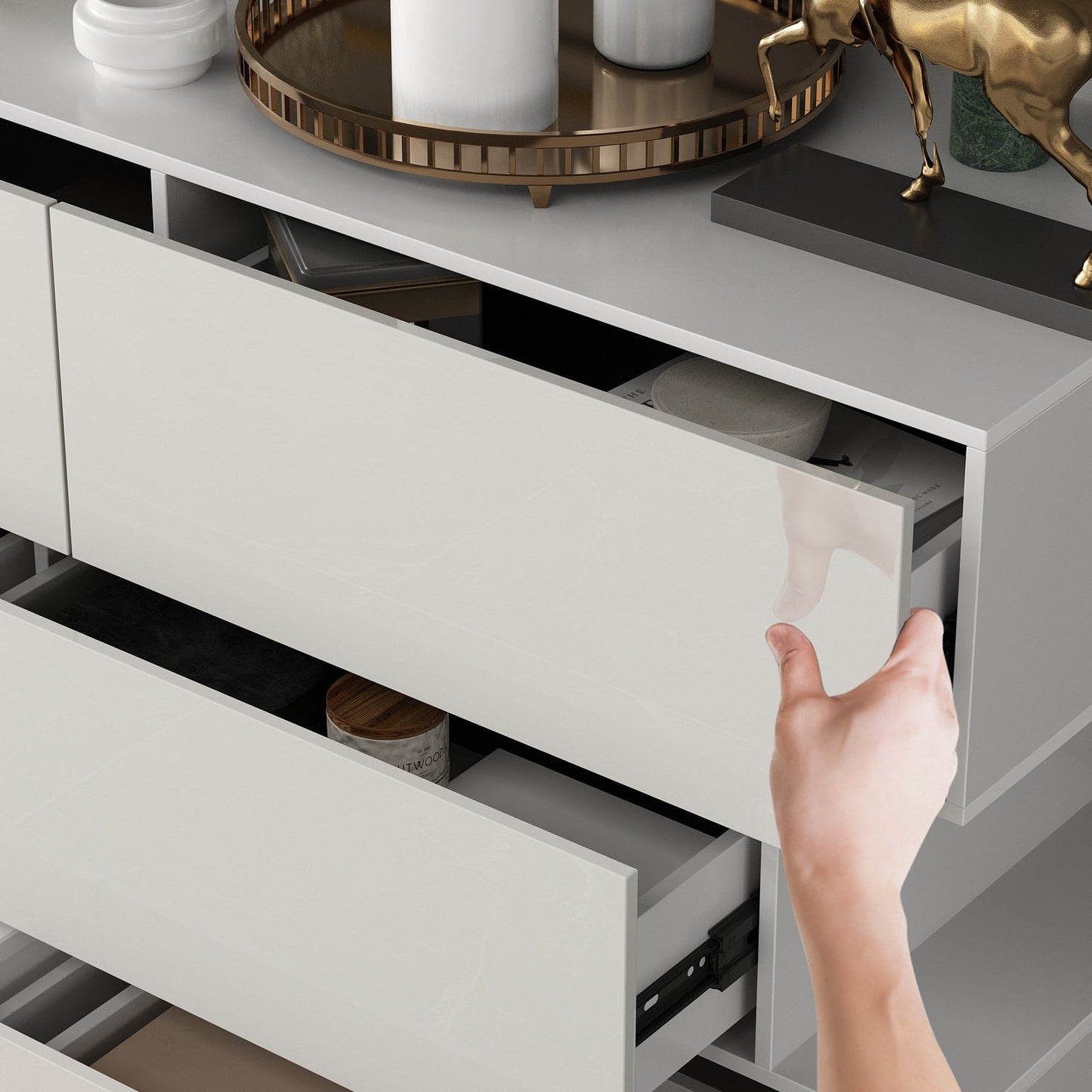 Commode double laquée brillante, buffet à 6 tiroirs pour salon