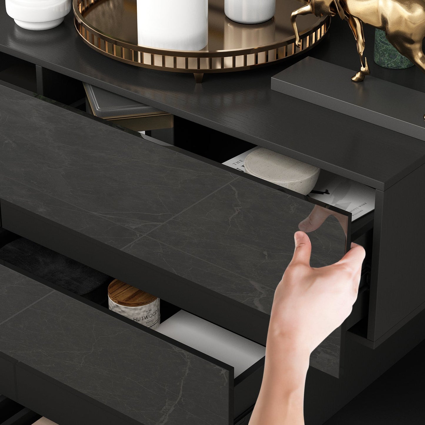 Commode double laquée brillante, buffet à 6 tiroirs pour salon