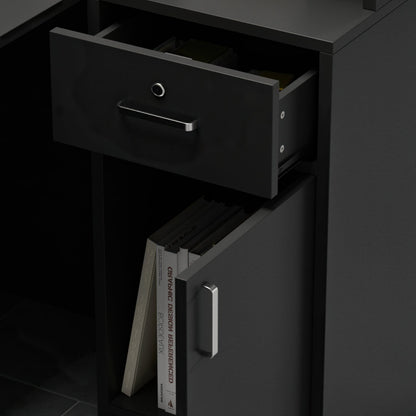 Bureau d'accueil en forme de L avec grands classeurs de rangement 