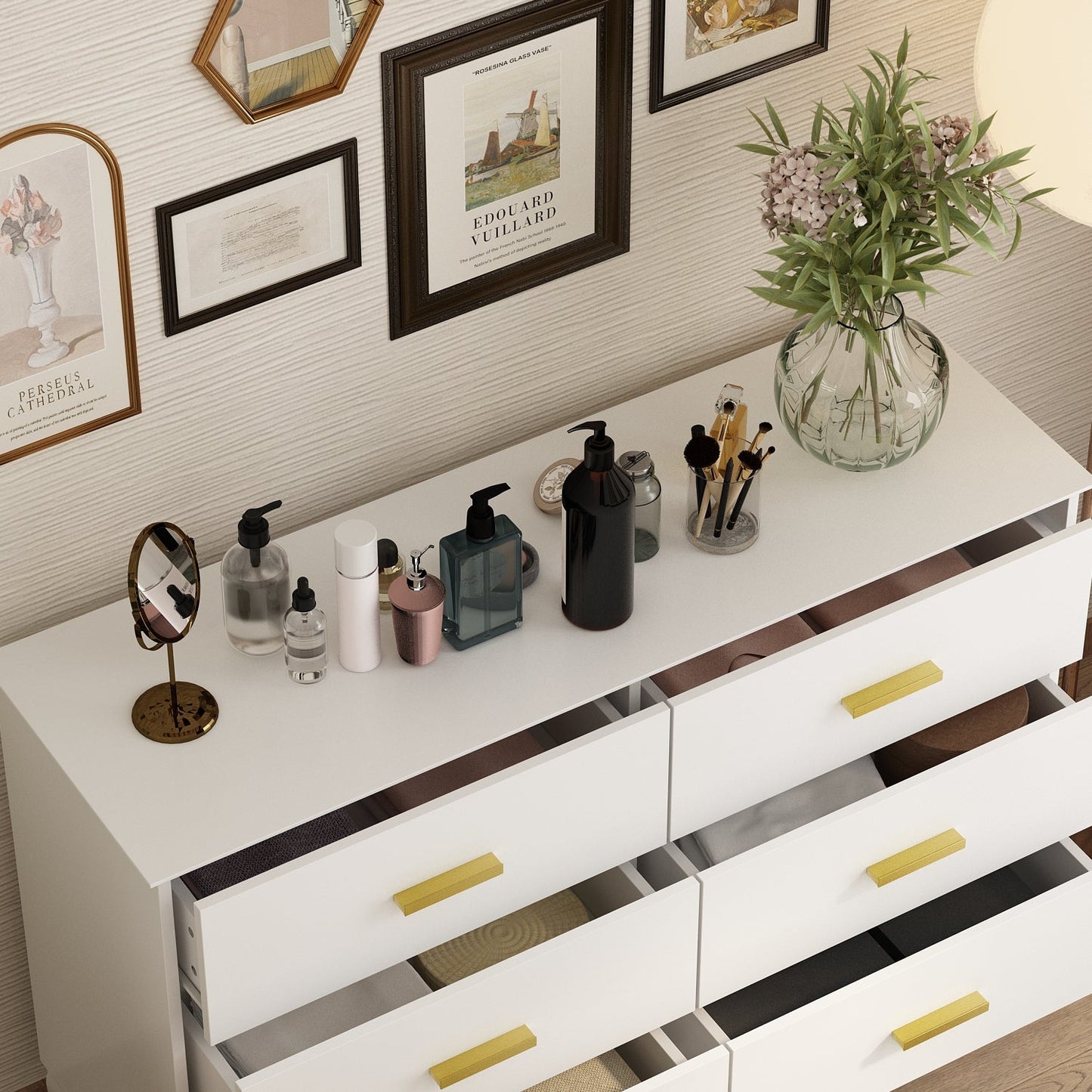 Commode double moderne blanche à 6 tiroirs pour entrée ou salon 