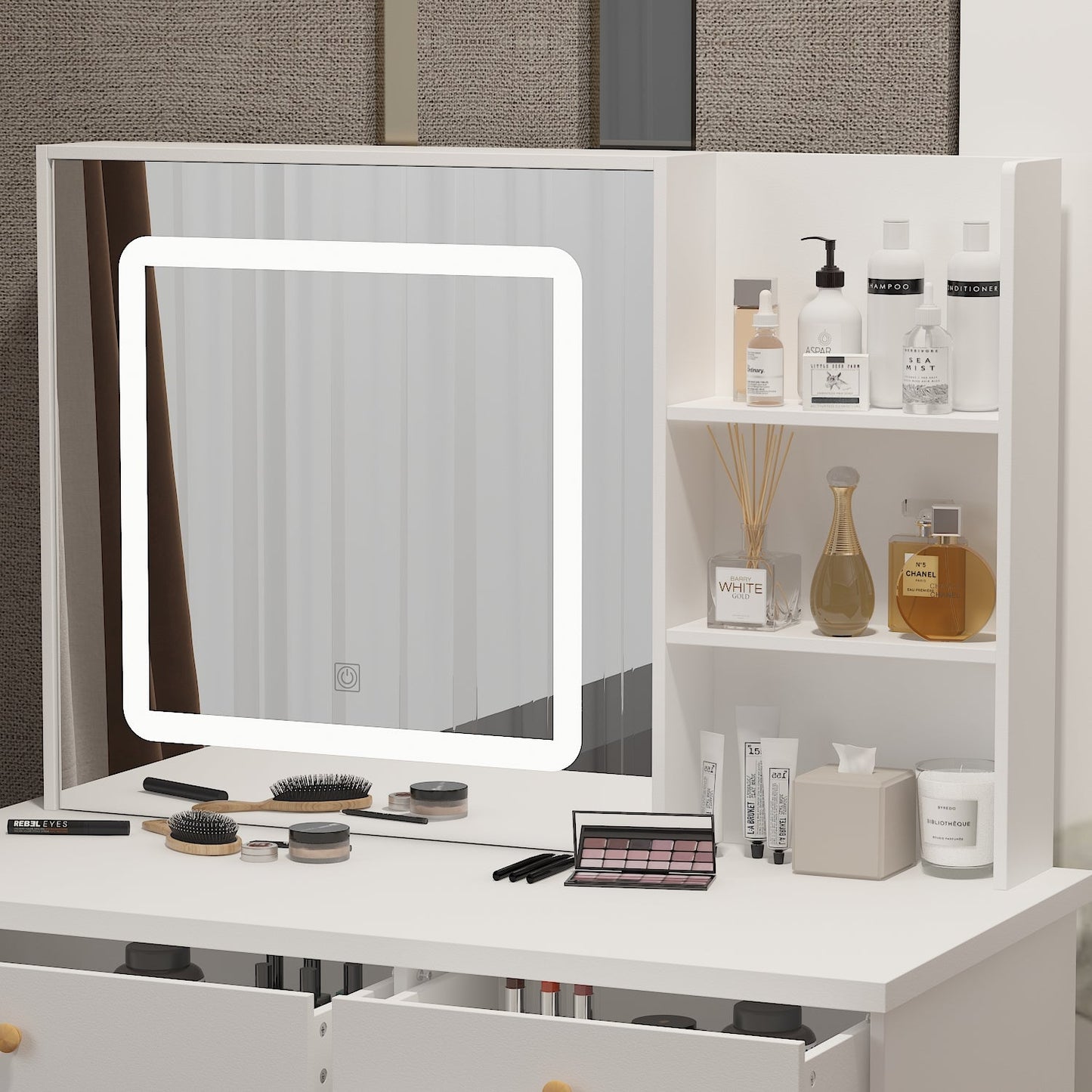 Ensemble coiffeuse avec miroir coulissant éclairé, tabouret rembourré, 5 tiroirs et étagères