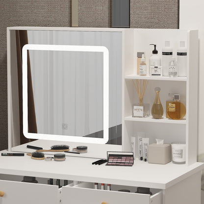 Ensemble coiffeuse avec miroir coulissant éclairé, tabouret rembourré, 5 tiroirs et étagères