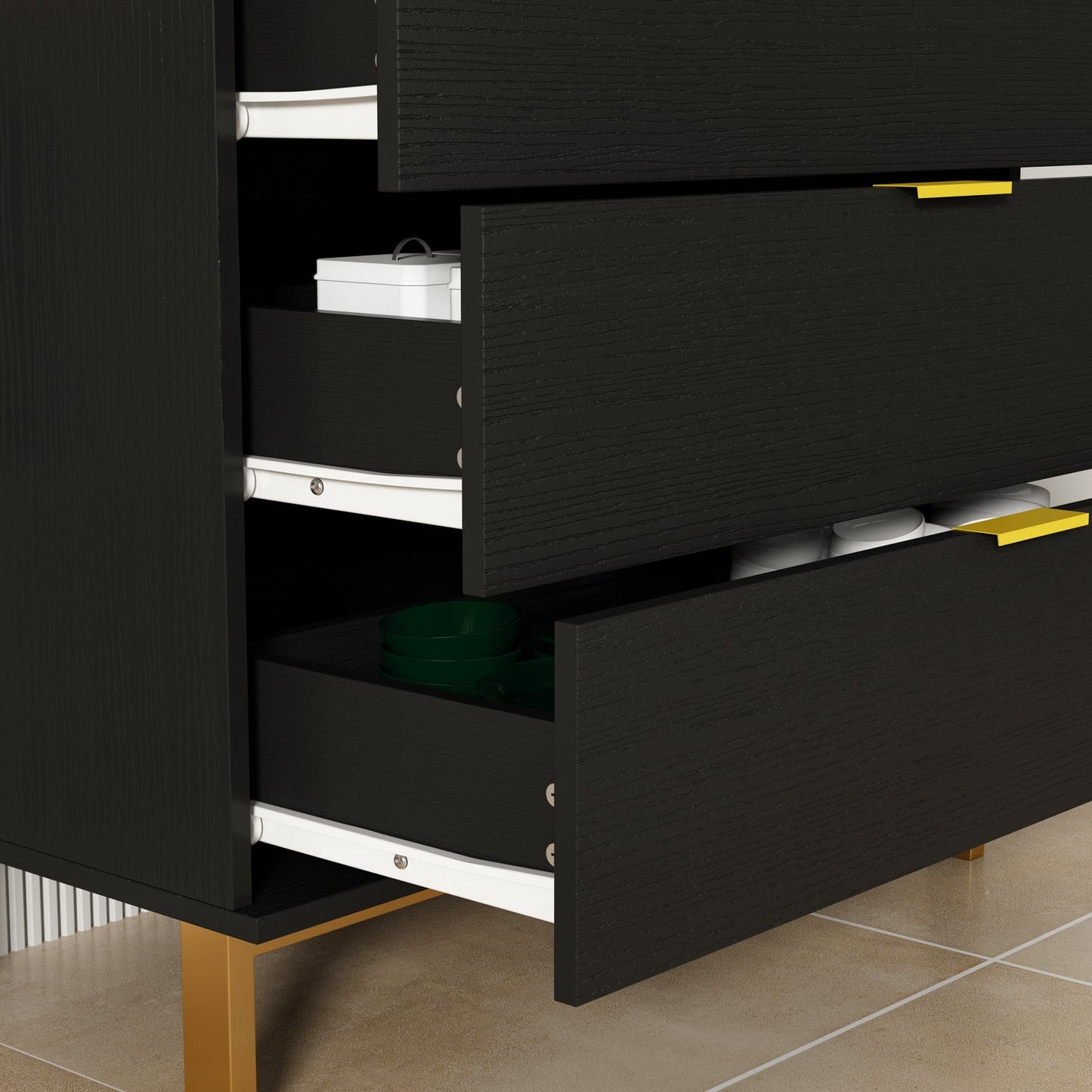 Commode verticale à 3 tiroirs avec pieds en métal pour chambre à coucher