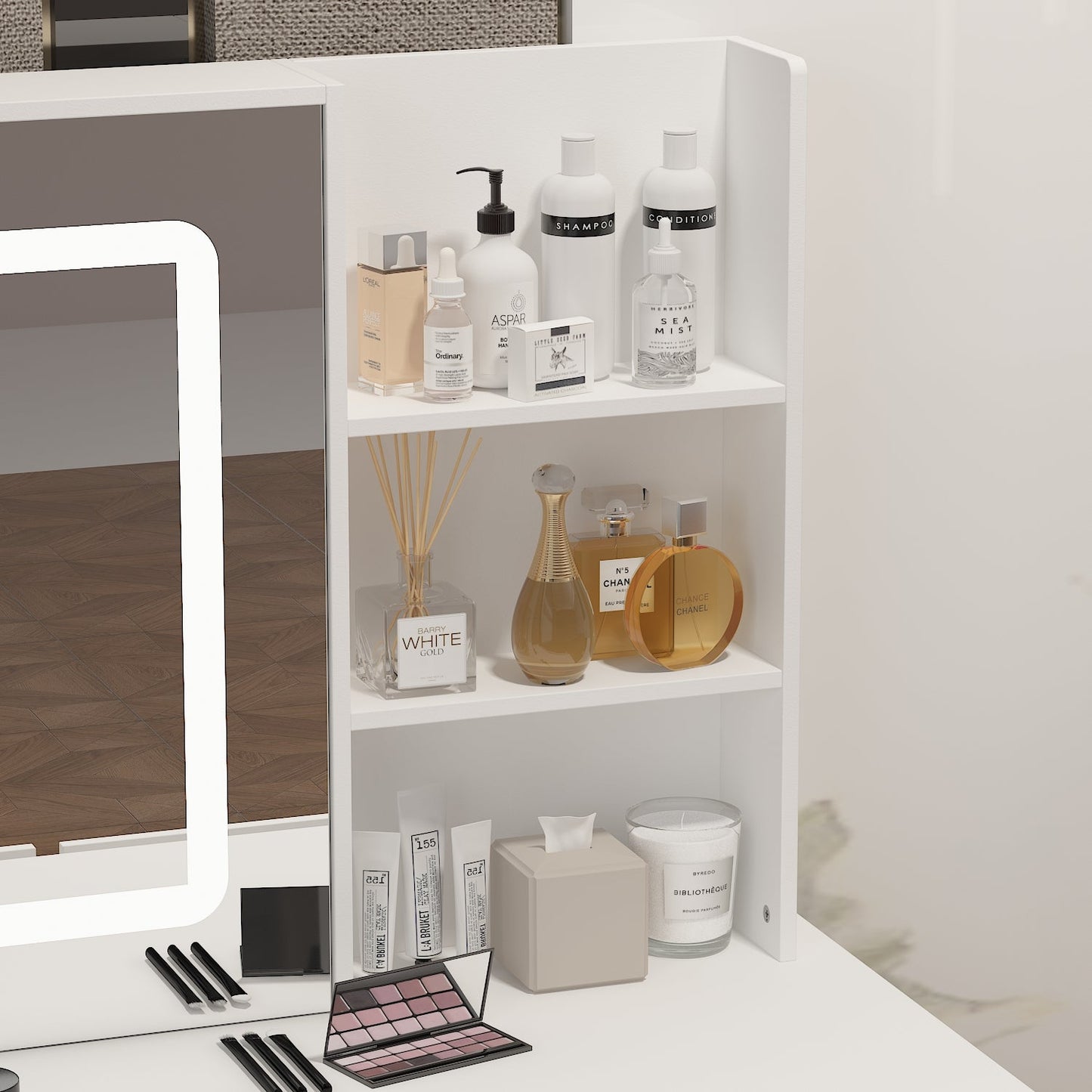 Ensemble coiffeuse avec miroir coulissant éclairé, tabouret rembourré, 5 tiroirs et étagères