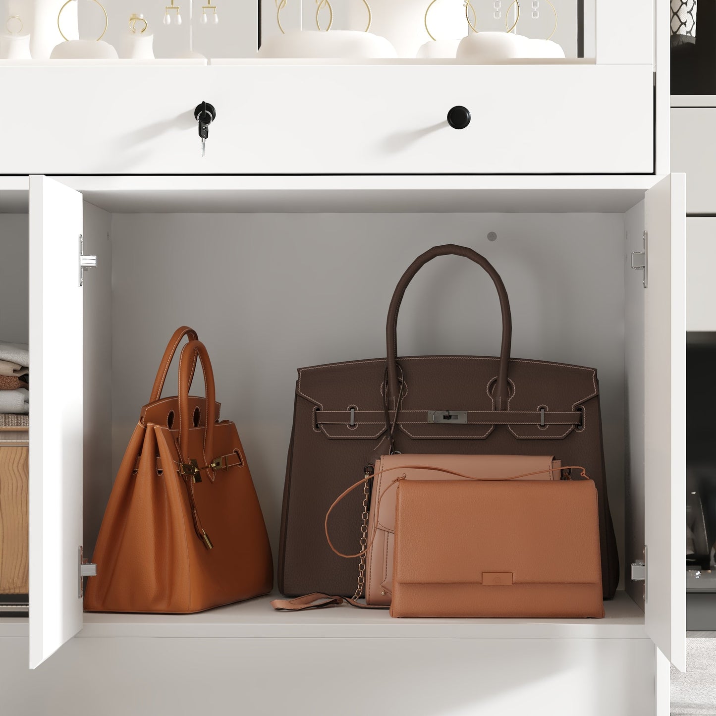 Armoire à bijoux à 1 tiroir et 3 portes avec plateau en verre trempé