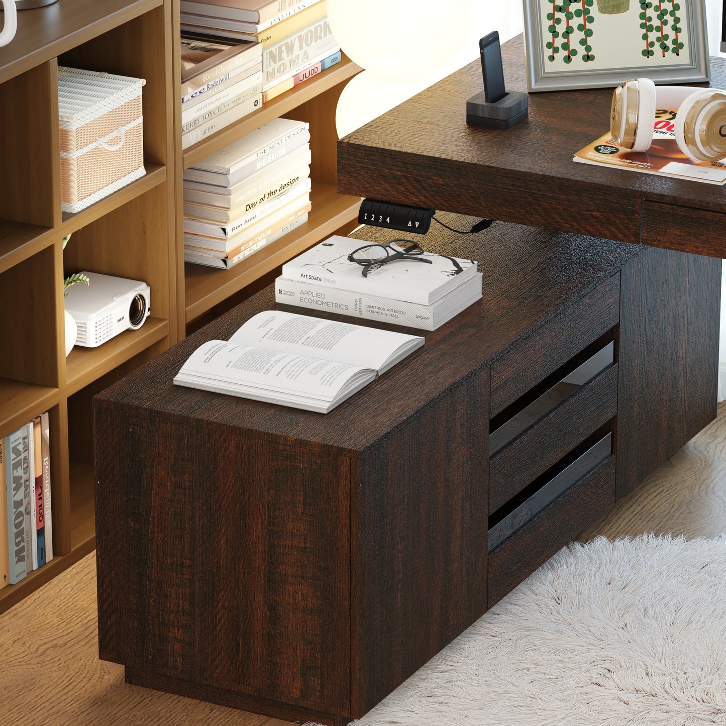 Bureau d'ordinateur en L à 3 tiroirs relevables (hauteur réglable de 74 à 112 cm) avec bibliothèque de 150 cm de large