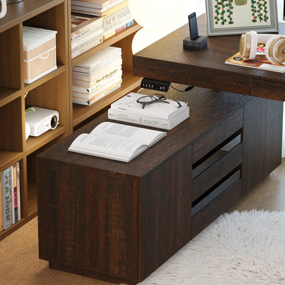 Bureau d'ordinateur en L à 3 tiroirs relevables (hauteur réglable de 74 à 112 cm) avec bibliothèque de 150 cm de large