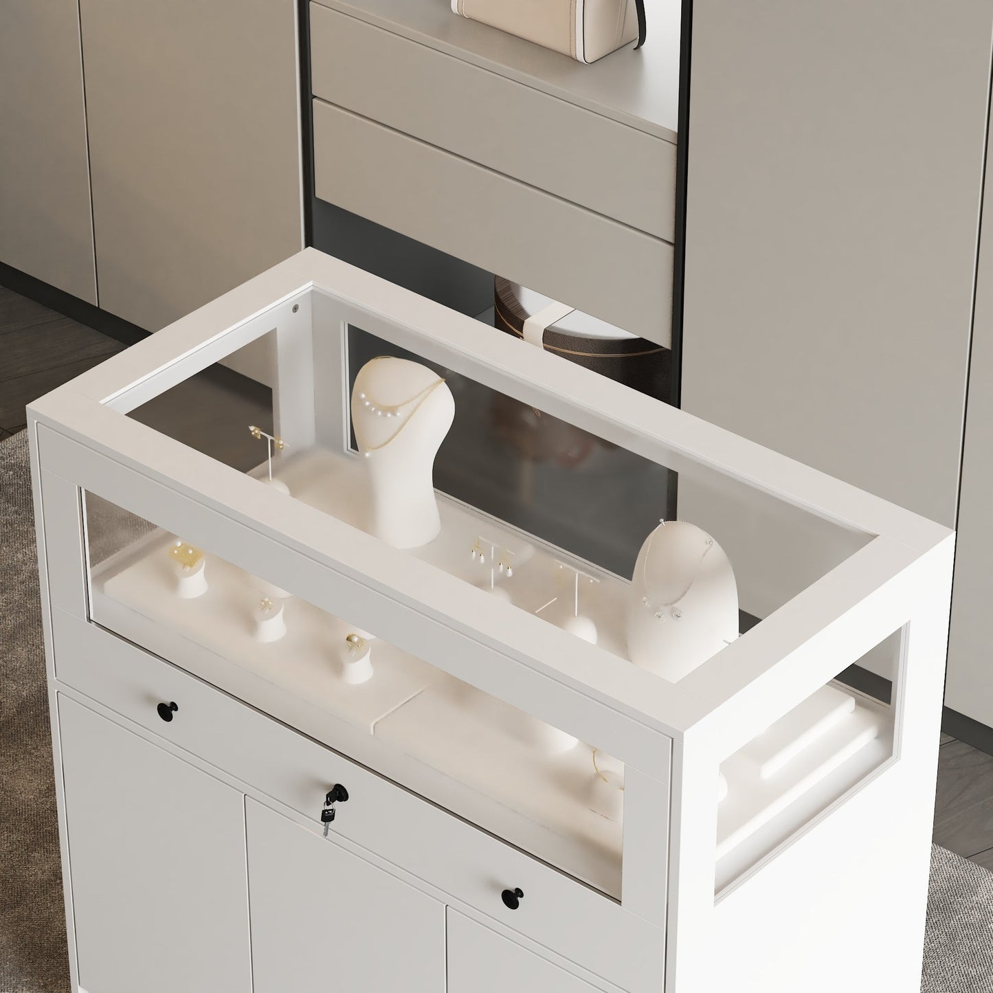 Armoire à bijoux à 1 tiroir et 3 portes avec plateau en verre trempé