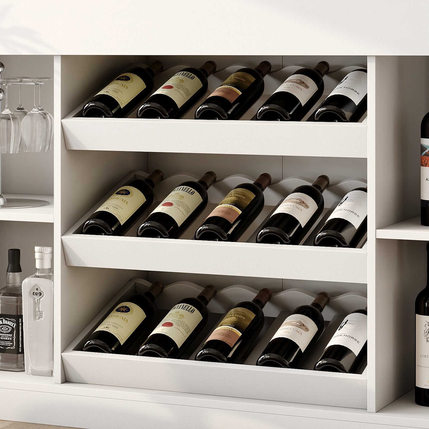 Meuble bar à vin avec éclairage, meuble café avec étagère à vin et plateau en verre