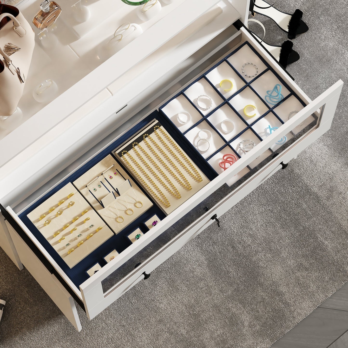 Armoire à bijoux à 1 tiroir et 3 portes avec plateau en verre trempé