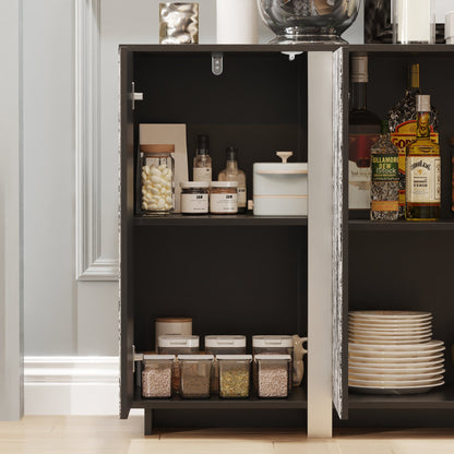 Meuble de rangement d'appoint noir à ouverture par pression avec portes en verre à motif pierre pour salon et entrée