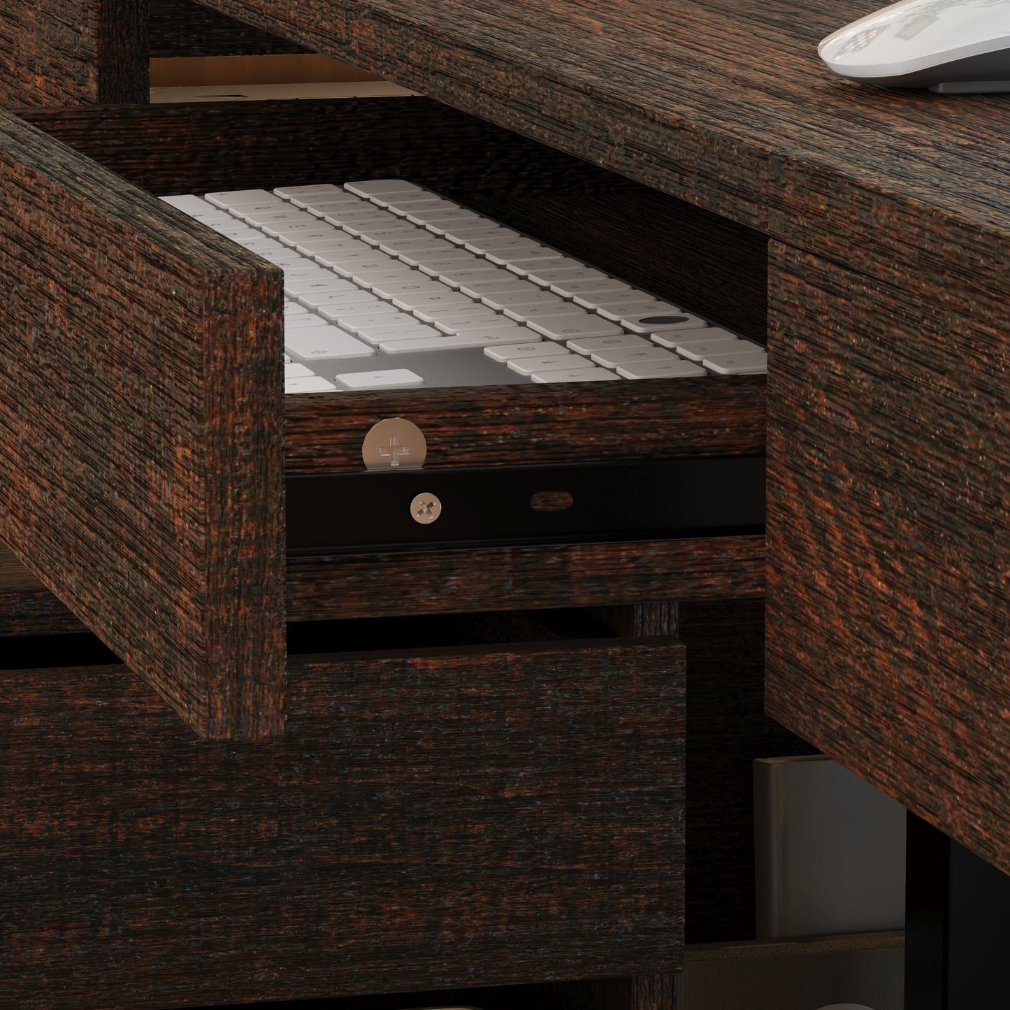 Bureau d'ordinateur en L à 3 tiroirs relevables (hauteur réglable de 74 à 112 cm) avec bibliothèque de 150 cm de large